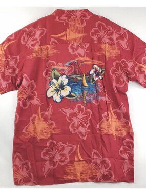 Cherokee Waikiki Wear Hawaiian Shirt Mens L Red Floral Classic Button-Up